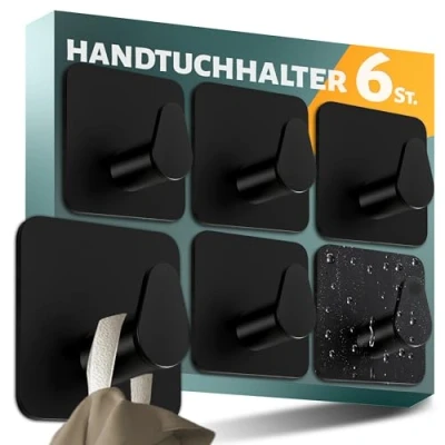 Afbeelding van Menz Handdoekhouder zonder boren, set van 6 stuks, zwart, handdoekhaken, roestvrij staal, functionele ovale haken, zelfklevend, sterke kleefhaken als stijlvolle wandhaak