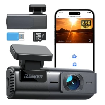 Afbeelding van iZEEKER 2,5 K WiFi dashcam voor auto, 1440p mini autocamera met app, gratis 32 GB kaart, G sensor, loopopname, 24 uur parkeermodus