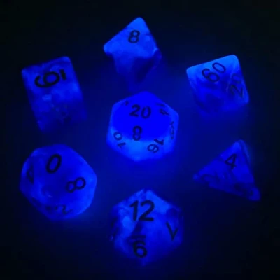 Afbeelding van Bescon Super Glow in the Dark Nebula Glitter Polyhedral Dice Set DEEP SPACE, Luminous RPG Set,Glowing Novelty DND Game Set, d4 d6 d8 d10 d12 d20 d% Brick Box