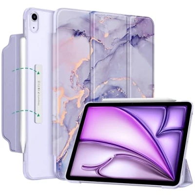 Afbeelding van Fintie Hoes voor iPad Air 11 inch M2 2024, 6e gen 2024/iPad 5e 2022/iPad 4e 2020 10,9 magneetsluiting lichte standaard met doorschijnend matte achterkant,paars marmer