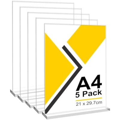 Afbeelding van Set van 5 stuks acryl bordhouders A4, transparante T vormige houders, tafelbordhouder