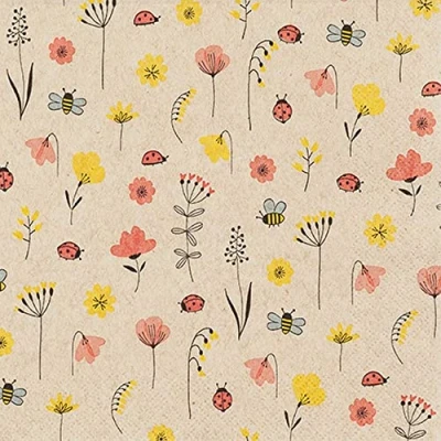Afbeelding van 20 servetten Eco Line duurzaam van 100% gerecycled papier lieveheersbeestje en bijen bloemen dieren lente zomer tafeldecoratie 33 x cm