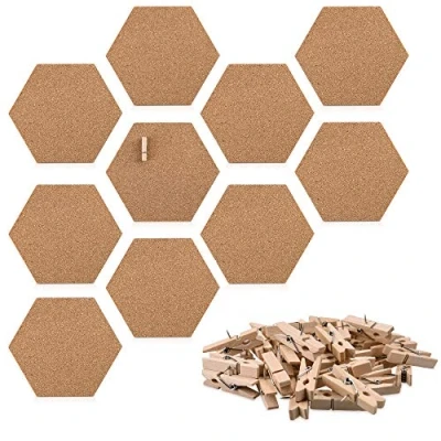 Afbeelding van Navaris prikbord van kurk 10 tegels zeshoekig Kurken wandbord Inclusief 50 houten punaises 15 x 17 cm Zelfklevend