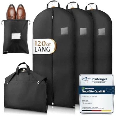 Afbeelding van Bruce.® 3x Premium Kledingzak incl. Schoenenzak [120x60cm] geoptimaliseerde materiaaldikte van 120 gsm Hoogwaardige Kledinghoes voor pak, jasje en jurk Ademende pakzak op reis