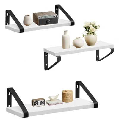 Afbeelding van VASAGLE Wandplank set van 3, zwevende plank, wandgemonteerd, plank voor display, industrieel ontwerp, woonkamer, badkamer, keuken, wit zwart LWS033B14