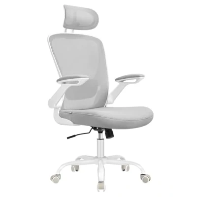 Afbeelding van SONGMICS Ergonomische bureaustoel, draaistoel met mesh, lendensteun en hoofdsteun, schommelfunctie, 53 cm zitting, opvouwbare armleuningen, werk slaapkamer, duifgrijs OBN047G01