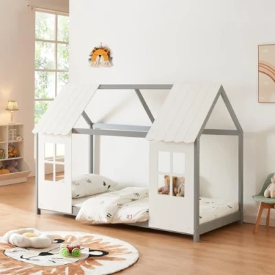 Afbeelding van Kinderbed Tostedt huisbed grenen grijs en wit 90x200 cm [en.casa]