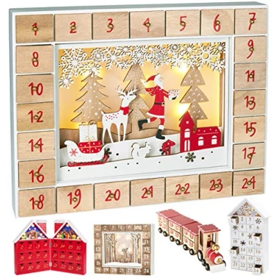 Afbeelding van BRUBAKER Herbruikbare Houten Adventskalender om zelf te vullen Kerstman in het bos met LED verlichting Doe kalender 35,5 x 6 27 cm