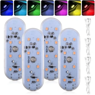 Afbeelding van 4 stuks led binnenverlichting voor de auto, RGB, 7 kleuren, magnetisch, touch licht, 8 leds, sfeerlicht, instelbaar, sfeerverlichting, USB oplaadbaar, mobiele nachtlamp, accessoires