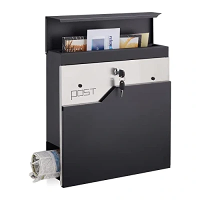 Afbeelding van Relaxdays brievenbus met krantenrol, modern, afsluitbaar, postkast HxBxD: 37 x 11 cm, zilver, zwart/zilver