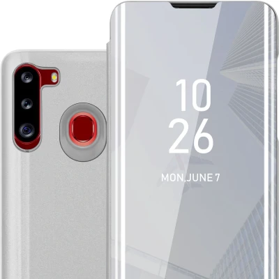 Afbeelding van Cadorabo Hoesje geschikt voor Samsung Galaxy A21 in AGAAT ZILVER Clear View Spiegel Beschermende Case met Tribunefunctie 360 Graden Bescherming Book Cover Etui