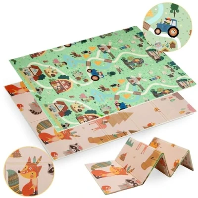 Afbeelding van HUMBI Speelmat voor baby&#039;s, kruipmat, XPE schuim, dubbelzijdig, flatbaar, waterdicht, extra maat, babymat, antislip, 120 x 180 cm, dorp en bos