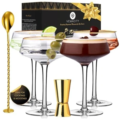 Afbeelding van Vemacity Martini glazen set van 4 met gouden randen vintage glas goudkleurige staaflepel en dubbelzijdige jigger champagnecoupe cocktailglazen cocktailrecept e book (PDF) Espresso