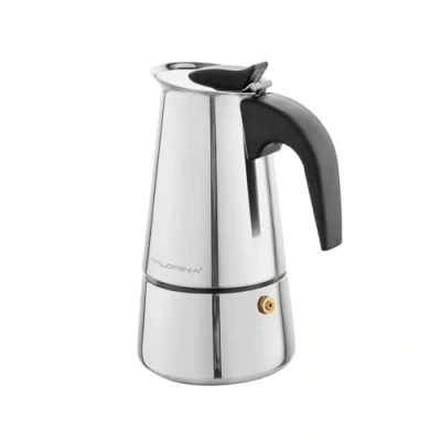Afbeelding van FLORINA Roestvrijstalen Espressomaker 4 Kopjes (200 ml) I Kookplaat Espressomachine LUNGO Espresso Koffiekan van Roestvrij Staal met Inductiebodem Geschikt voor Alle Kookplaten &amp; Inductie