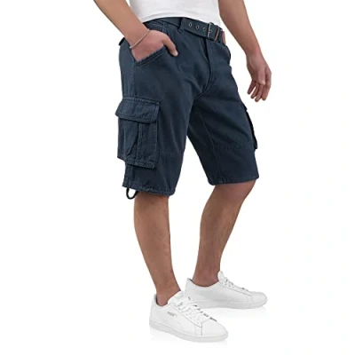 Afbeelding van Indicode Kjeld Cargoshorts voor heren, met 6 zakken, incl. stoffen riem van 100% katoen, korte broek, bermuda, zomer, herenshorts, cargobroek, zomerbroek mannen, Donkerblauw, M