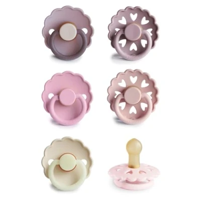 Afbeelding van FRIGG Multipack Fopspeen van latex, verpakking met 6 fopspenen, natuurlijk rubber, gemaakt in Denemarken, symmetrische speen kersenvorm, (Blooming Love, maat 1, 0 maanden)
