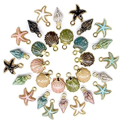 Afbeelding van 30 stuks schelp schelpen vergulde bedels, zeemeermin staart bedels legering email hangers, shell hanger marine dier, plated voor ketting armband, Roestvrij staal,
