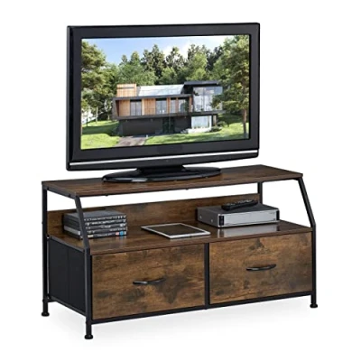 Afbeelding van Relaxdays TV meubel, industrieel, HxBxD: 48.5 x 93 41.5 cm, metaal, houtlook, 2 lades, lowboard, bruin/zwart