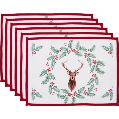 Afbeelding van Clayre &amp; Eef Placemats Set van 6 48x33 cm Wit Rood Katoen Rechthoek Hert Hulstbladeren Tafelmat