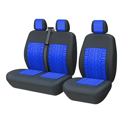 Afbeelding van universele auto stoelhoezen voor bestelwagen vrachtwagen voorstoelen 3D bandenspoor patroon 1 + 2 stoelhoes beschermers blauw