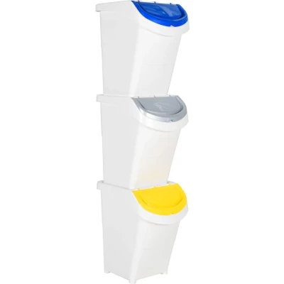 Afbeelding van Afvalbakken met deksels stapelbaar 3 st PP 120 L wit