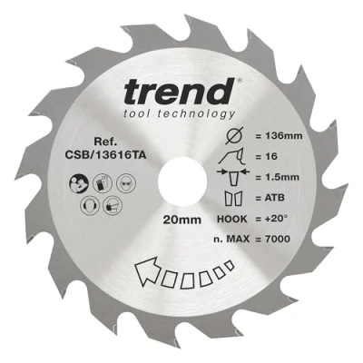 Afbeelding van Trend Craft Pro Dunne Kerf TCT zaagblad voor cirkelzagen, 136 mm x 16 tanden 20 boring, wolfraamcarbide getipt, CSB/13616TA