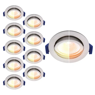 Afbeelding van Voordeelpak 10x Led inbouwspot badkamer nikkel/RVS, dim to warm (3000K 2000K), kantelbaar, 5W vervangt 50W, zaagmaat Ø75mm, buitenmaat Ø85mm, 23mm diep