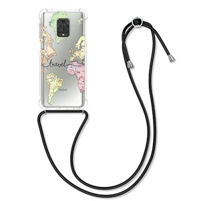Afbeelding van kwmobile telefoonhoesje compatibel met Xiaomi Redmi Note 9S / 9 Pro Max Hoesje Case koord In zwart/meerkleurig/transparant Travel Wereldkaart