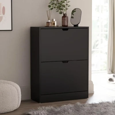 Afbeelding van Vida Designs Schoenenkast met 2 laden, ruimtebesparende schoenopbergkast klapladen, hal en woonkamermeubilair 100% FSC gecertificeerd (zwart)
