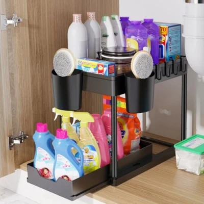 Afbeelding van Opslag onder de gootsteen, 2 niveaus, uittrekbare organizer rek, lade, multifunctionele opbergmand voor badkamer, rek kast, vaatwasserrek, zwart
