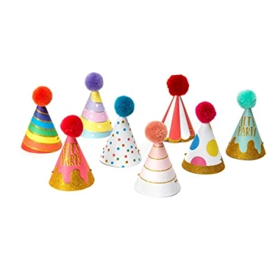 Afbeelding van Legami Set van 8 partyhoedjes met pompon en glitterdetails, eenheidsmaat, Ø 4,2 cm