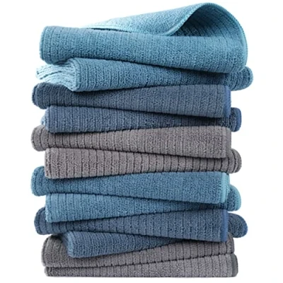 Afbeelding van Polyte Premium microvezel keukendoek multipurpose van geribbeld badstof 12 pack blauw, grijs, groenblauw 40,6 x 71,1 cm