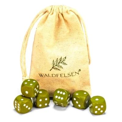 Afbeelding van Waldfelsen 6, 12, 20, 30 of 50 hoogwaardige houten kubussen van echt beukenhout, 16 mm standaard dobbelstenen met stoffen zak, kubusset (olijfgroen, 6 stuks)