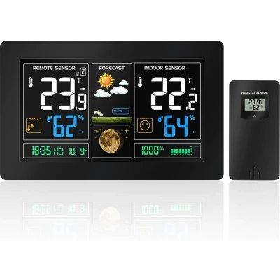 Afbeelding van Smartzo Weerstation binnen en buiten met draadloze buitensensor LCD display Nauwkeurige temperatuur vochtigheidsmonitor kalender, klok, alarm weersvoorspelling voor thuis Weer station zwart