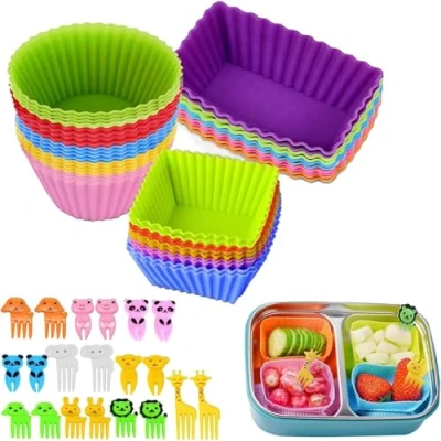 Afbeelding van 60 stuks siliconen lunchbox verdelers bento box accessoires cupcake voeringen, met voedselplectrums voor lunchcontainers