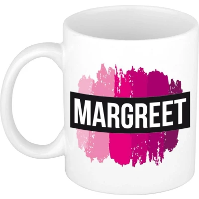 Afbeelding van Margreet Naam / voornaam kado beker mok roze verfstrepen Gepersonaliseerde met mokken