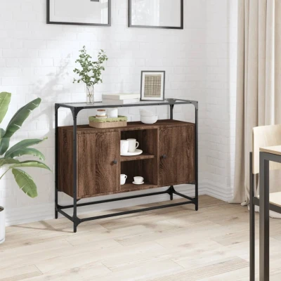Afbeelding van Dressoir met glazen blad 98x35x81 cm hout bruin eikenkleurig
