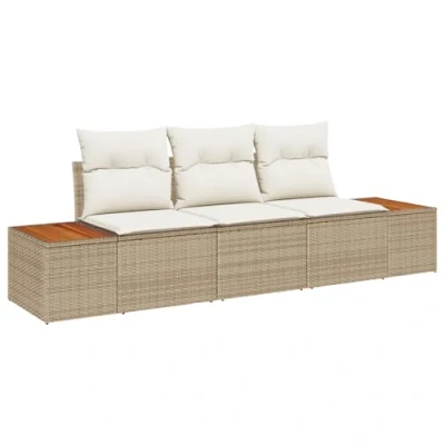 Afbeelding van vidaXL 3 delige tuinbankset met kussens in beige poly rattan en acacia