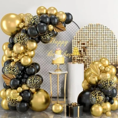 Afbeelding van zwarte en gouden ballonboog kit, 115 stuks goud latex ballonnen slinger met confetti voor jongens mannen verjaardag, afstuderen, Nieuwjaar, bruiloft, pensioen, Umrah Mubarak