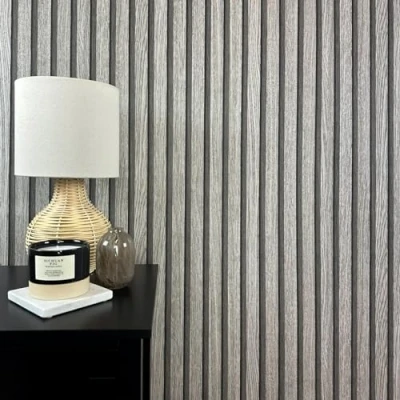 Afbeelding van WALLCOVER Skandi houten behang, houtlook, grijs, lichtgrijs, vliesbehang, akoestische panelen, wand, 3D effect, Scandinavische natuurlijke look, moderne 10,05 m x