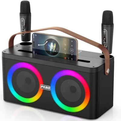 Afbeelding van PKBD Karaokemachine met houder voor telefoon/tablet, draagbaar karaokesysteem 2 draadloze microfoons/ledlampen/geluidssysteem thuisfeest, verjaardagscadeaus