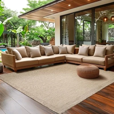 Afbeelding van Buitentapijt voor Terras, Balkon en Tuin, Keukentapijt in Effen Ontwerp, Weerbestendig Platgeweven met Sisal Look, Wasbaar Tapijt Diverse Maten Kleuren 60 x 100 cm, Zwart