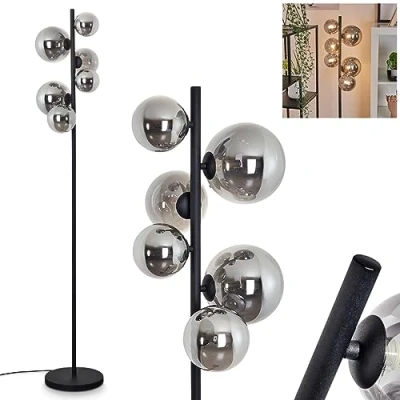 Afbeelding van vloerlamp Chehalis, van metaal/glas in zwart/rookkleur, 6 lamps met kappen echt glas en voetschakelaar op het snoer, hoogte 157 cm, zonder gloeilampen
