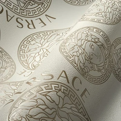 Afbeelding van &quot;MEDUSA HOOFD&quot; SATIJN GLANZEND BEHANG Design wit parelbeige A.S. Création Versace 5