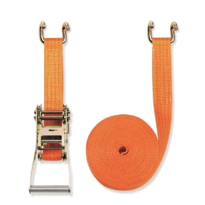 Afbeelding van Braun spanband 4000 daN, tweedelig, voor professionals, volgens DIN en 12195 2, kleur oranje, 8 m lang, 50 mm breed, met ratel klauwhaak