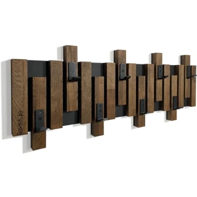 Afbeelding van Kledinghaken, wandkapstok, houten eiken design, lamellen, panelen, zwart, modern, natuur, 2 dimensies (80 cm bruin)
