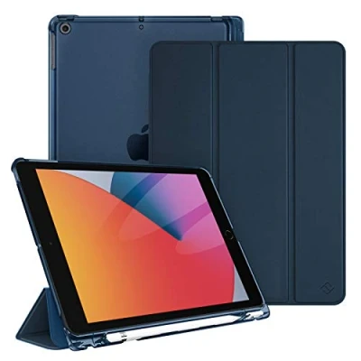 Afbeelding van Fintie Hoes voor iPad 10.2 inch 9e Generatie 2021/ 8e Gen. 2020 / 7e 2019 met Pencil Houder, Ultradun Superlicht Beschermhoes Transparante Achterkant Automatische Slaap waak, Marineblauw