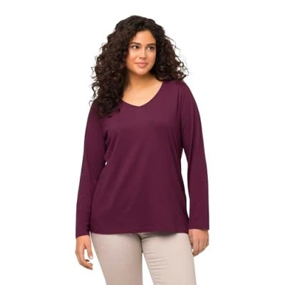 Afbeelding van Ulla Popken Dames grote maten plus size shirt, slim, V hals, lange mouwen, Donkere bessen, 54/56 NL