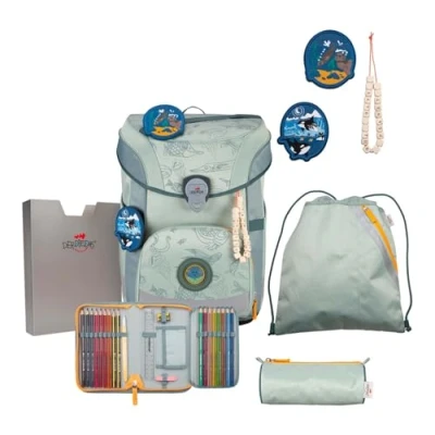Afbeelding van DerDieDas Schooltas ErgoFlex Easy Exklusiv Neon Schulranzenset 5 delig Grey Planet Mintgroen