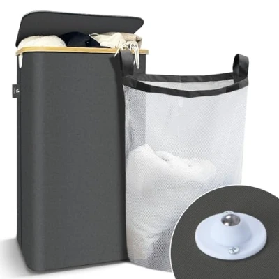 Afbeelding van VOUNOT Wasmand met Deksel 100L, Opvouwbare Wasemmer Uitneembare Waszakken, Wasmanden Wasbox Smal, Grijs